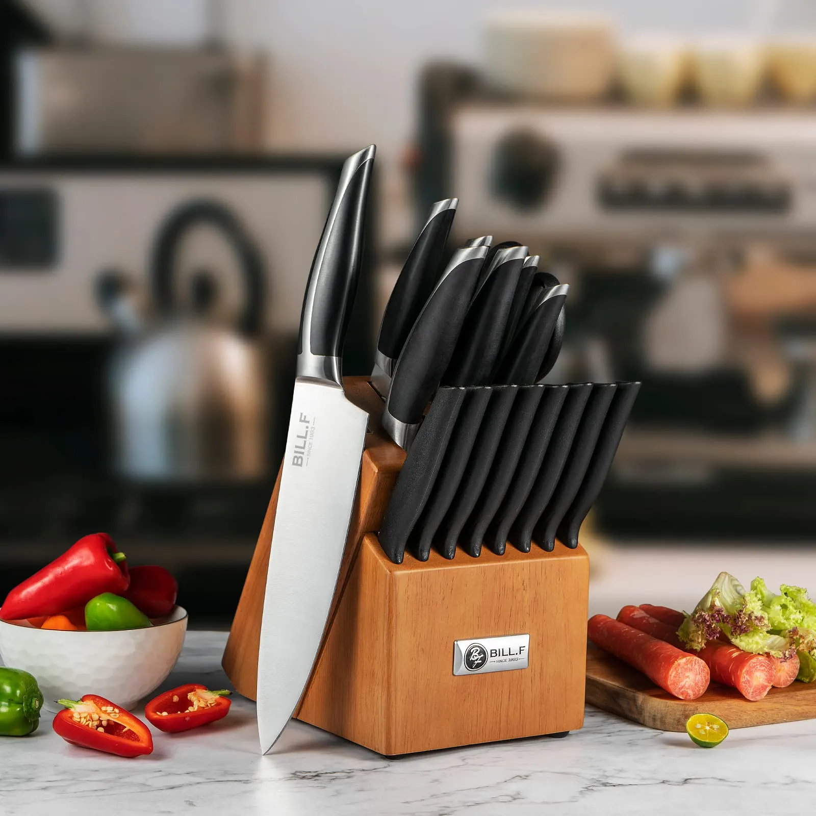 17-Piece Kitchen Knife Set with Self-Sharpener Block, Super Sharp Chef Knives