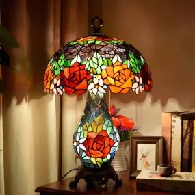 3-Headed Green Tiffany Stained Art Glass Rose Pattern Table Lamp with Mushroom Shade - Nightstand Lighting