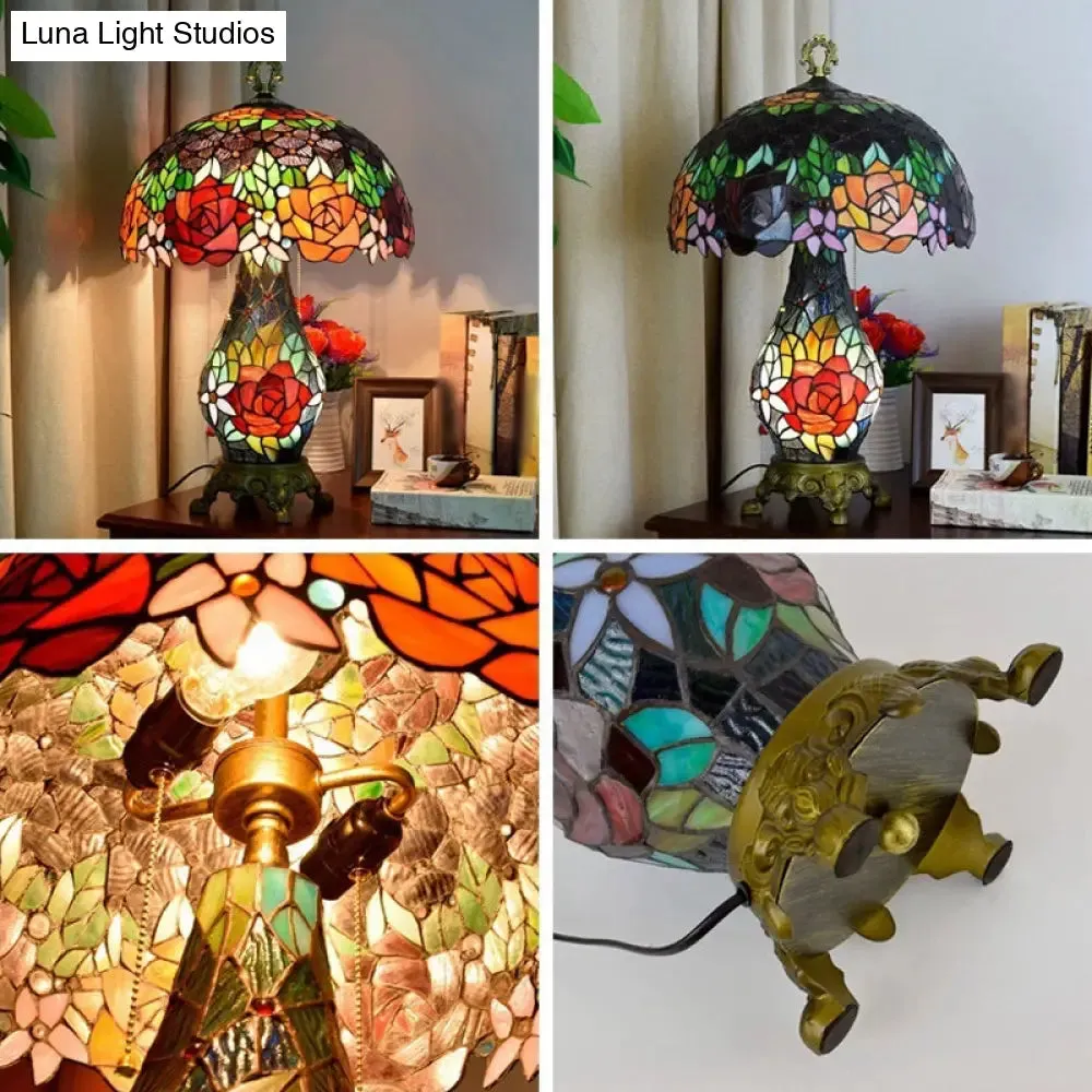 3-Headed Green Tiffany Stained Art Glass Rose Pattern Table Lamp with Mushroom Shade - Nightstand Lighting