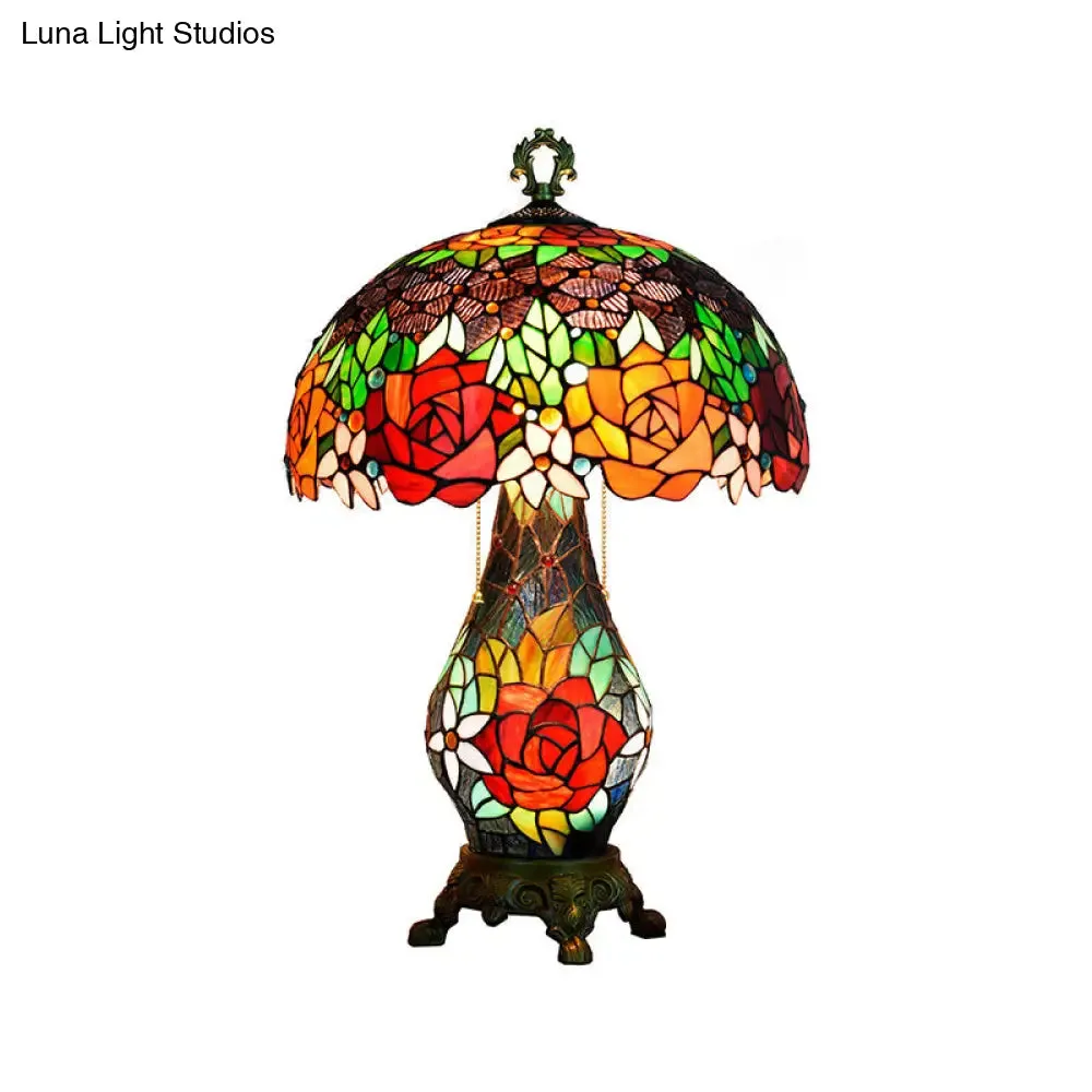 3-Headed Green Tiffany Stained Art Glass Rose Pattern Table Lamp with Mushroom Shade - Nightstand Lighting