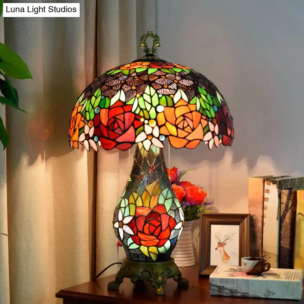 3-Headed Green Tiffany Stained Art Glass Rose Pattern Table Lamp with Mushroom Shade - Nightstand Lighting