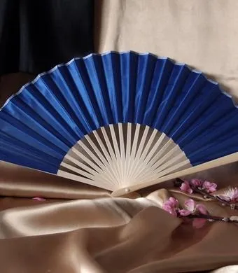 9" Dark Blue Silk Hand Fans for Weddings (10 Pack)