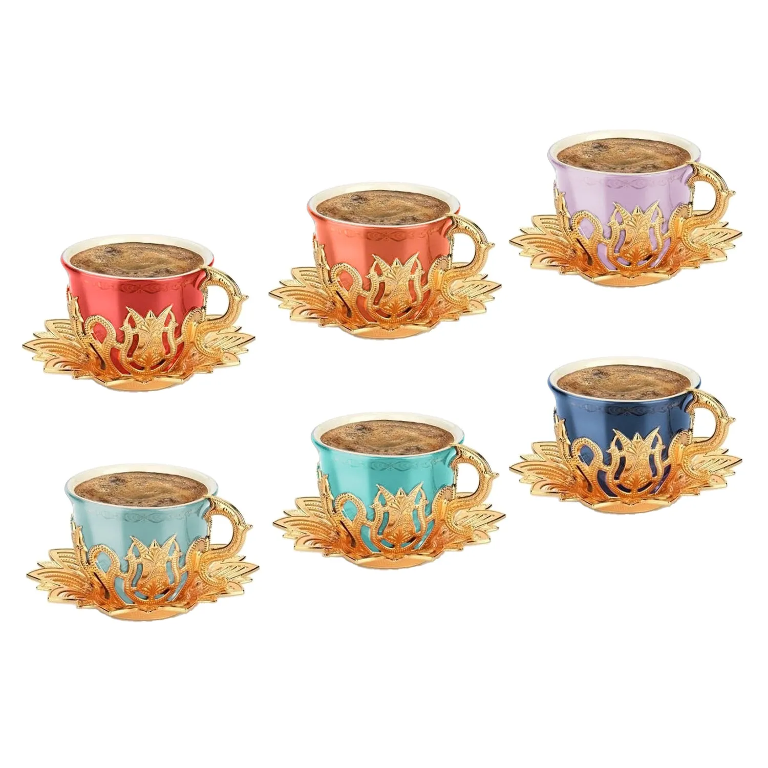 Ahsen Turkish Colorful Coffee Cup Set for 6 People, 18 Pcs, Gold, 2.5 Oz