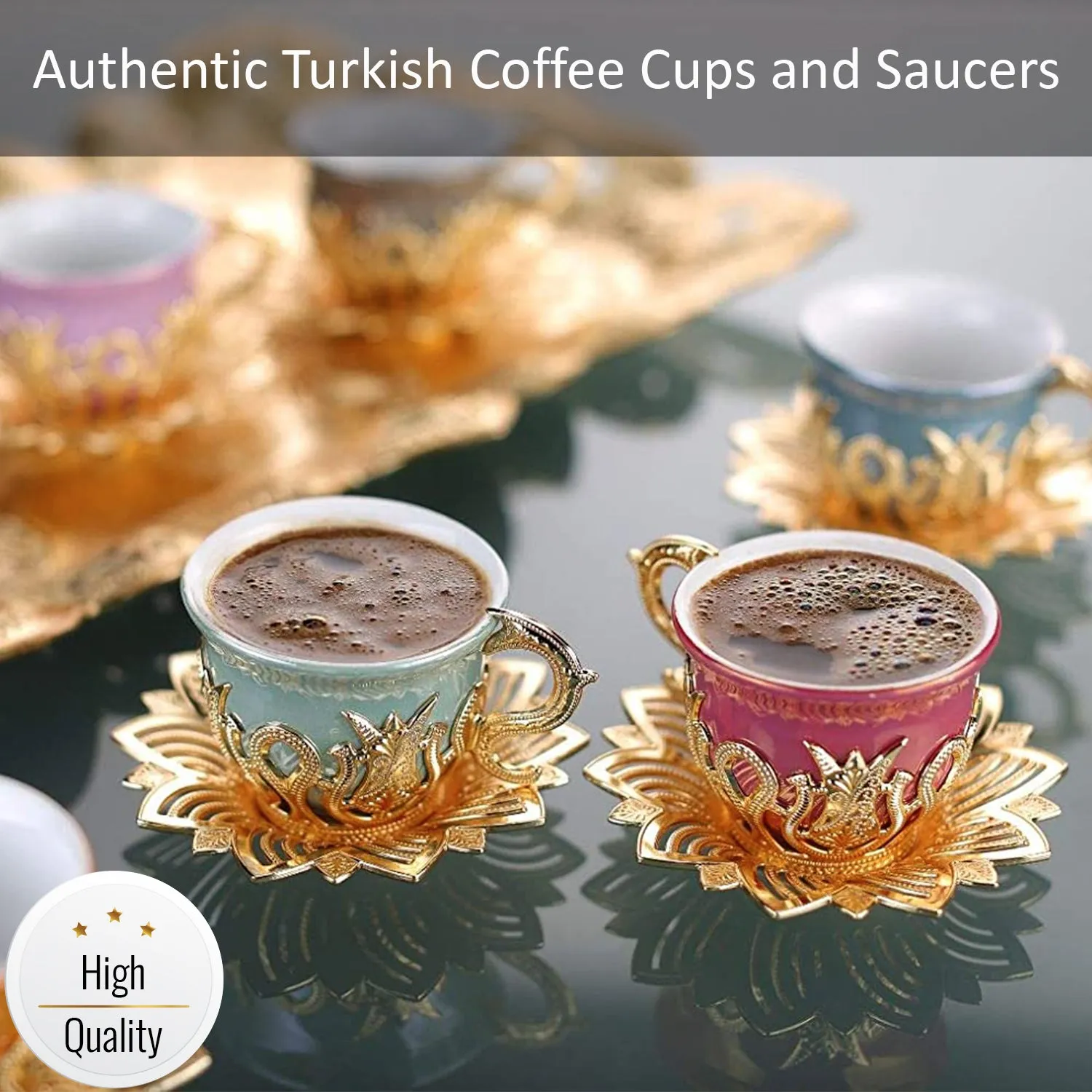 Ahsen Turkish Colorful Coffee Cup Set for 6 People, 18 Pcs, Gold, 2.5 Oz