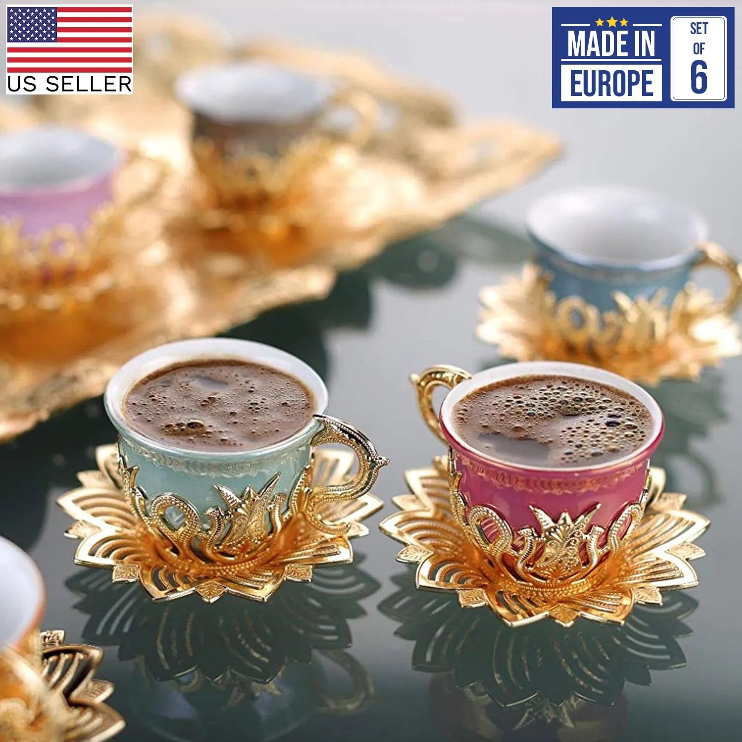 Ahsen Turkish Colorful Coffee Cup Set for 6 People, 18 Pcs, Gold, 2.5 Oz