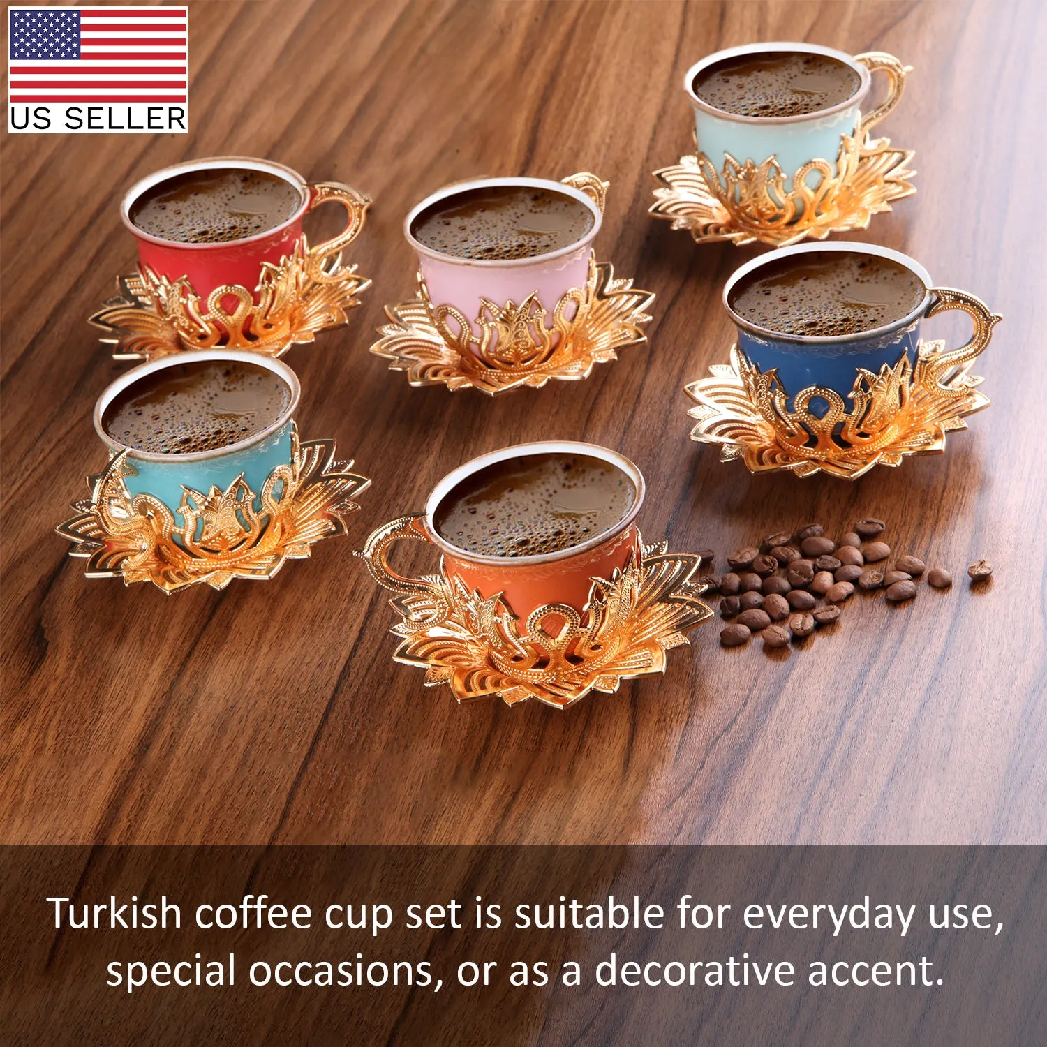 Ahsen Turkish Colorful Coffee Cup Set for 6 People, 18 Pcs, Gold, 2.5 Oz