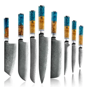 Allure Professional Japanese VG10 Damascus 8-Pcs Knife Set with Exotic Olive Burl Wood & Resin Handle