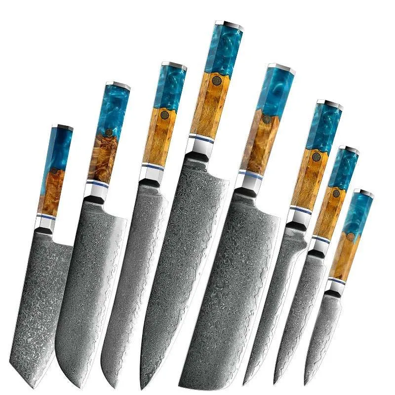 Allure Professional Japanese VG10 Damascus 8-Pcs Knife Set with Exotic Olive Burl Wood & Resin Handle