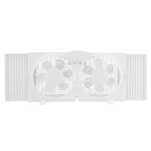 Amazon Basics Window Fan with Twin Heads for Cooling Airflow, Exhaust and Intake Switch, 9-Inch Blades (6 Blades per Head), 2 Speeds, Expandable Side Panel, Manual Control, 73W, White