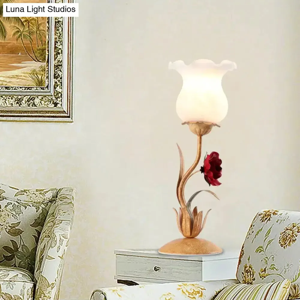 American Garden Beige/White/Green Flower Nightstand Lamp with Frosted Milky Glass for Living Room