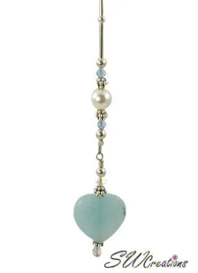 Aqua Heart Pearl Crystal Beaded Fan Pull