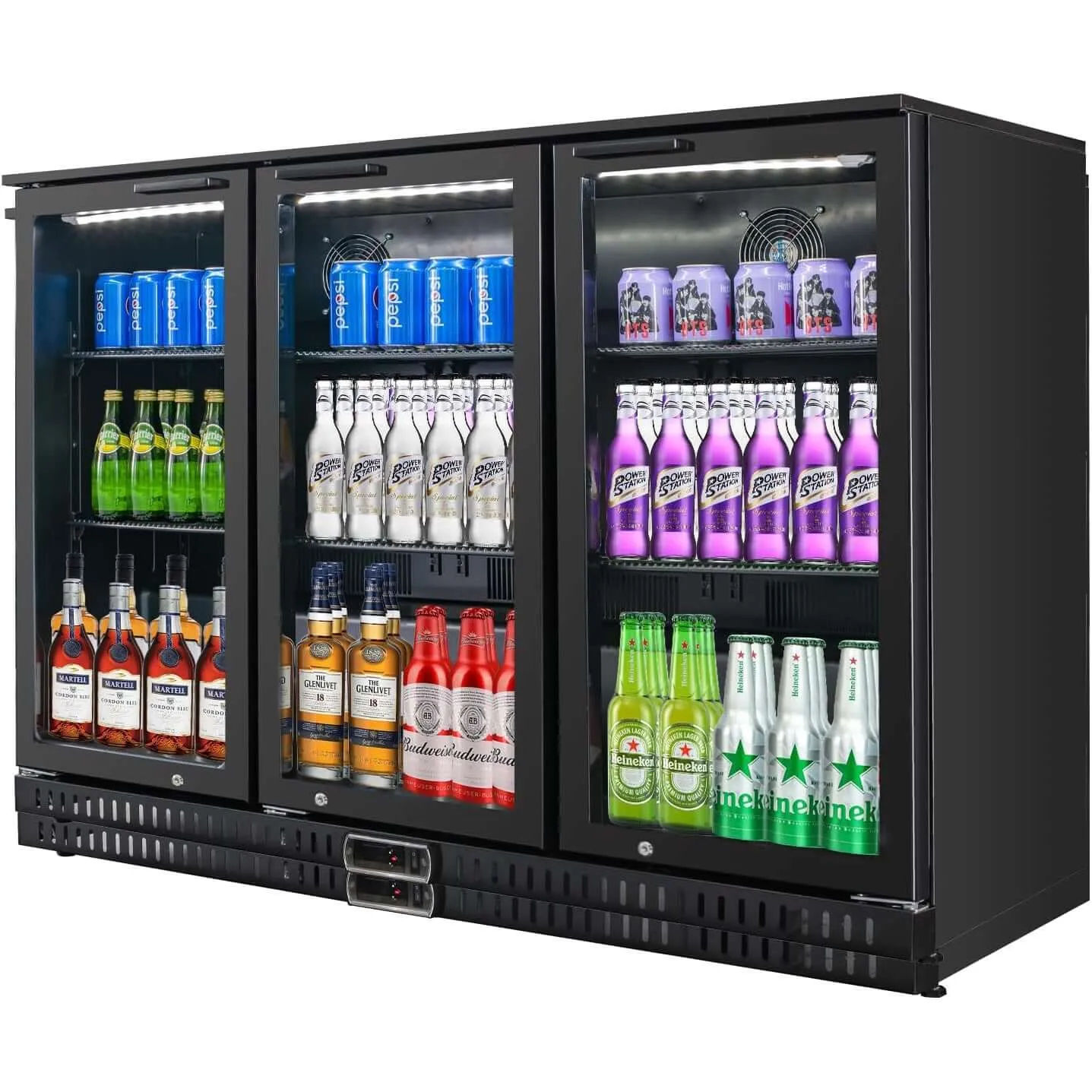 Back Bar Cooler with 3 Glass Doors, Under Counter Beverage Refrigerator, 11.5 cu.ft Mini Fridge Cooler with LED Lighting for Soda Drinks, Beer, Wine