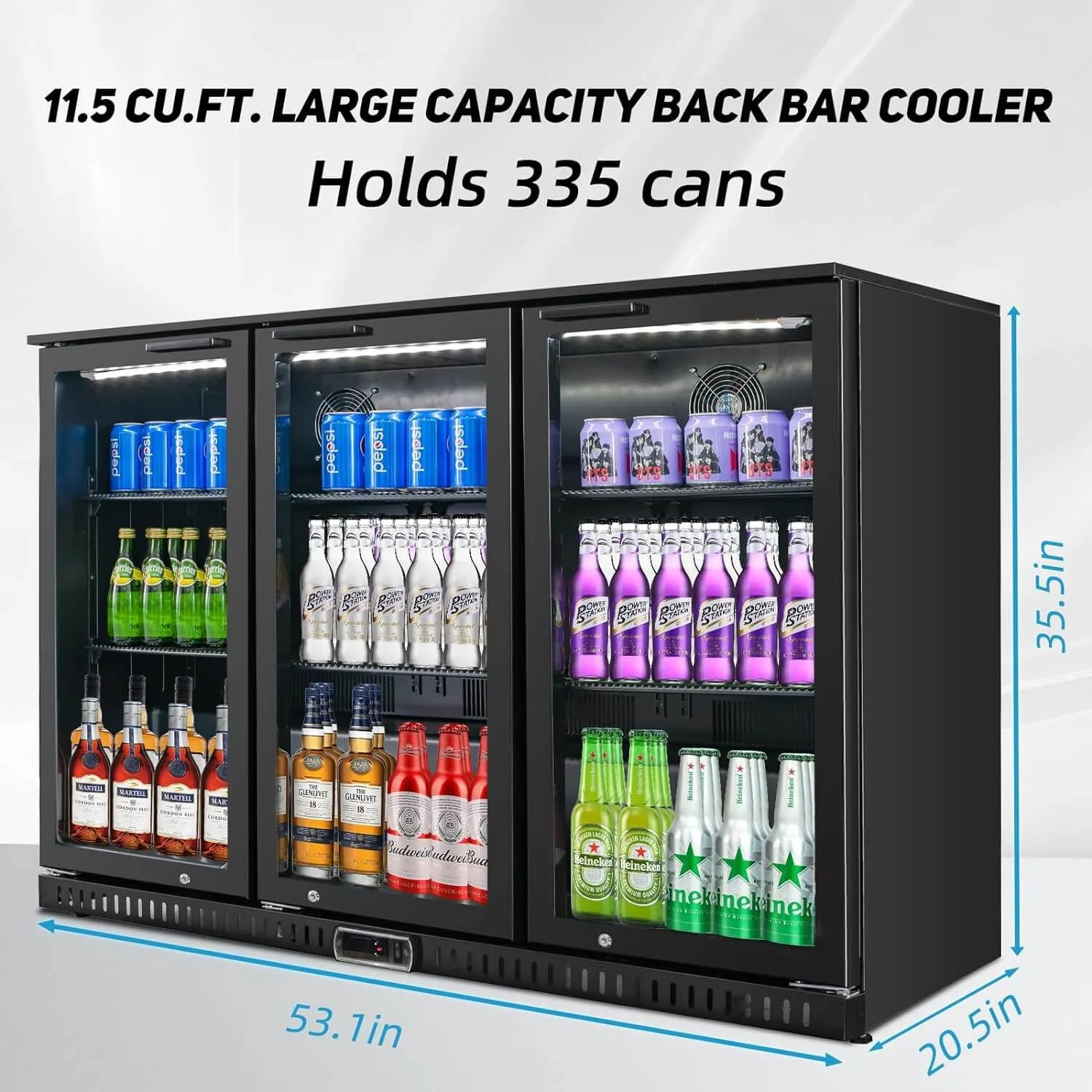 Back Bar Cooler with 3 Glass Doors, Under Counter Beverage Refrigerator, 11.5 cu.ft Mini Fridge Cooler with LED Lighting for Soda Drinks, Beer, Wine