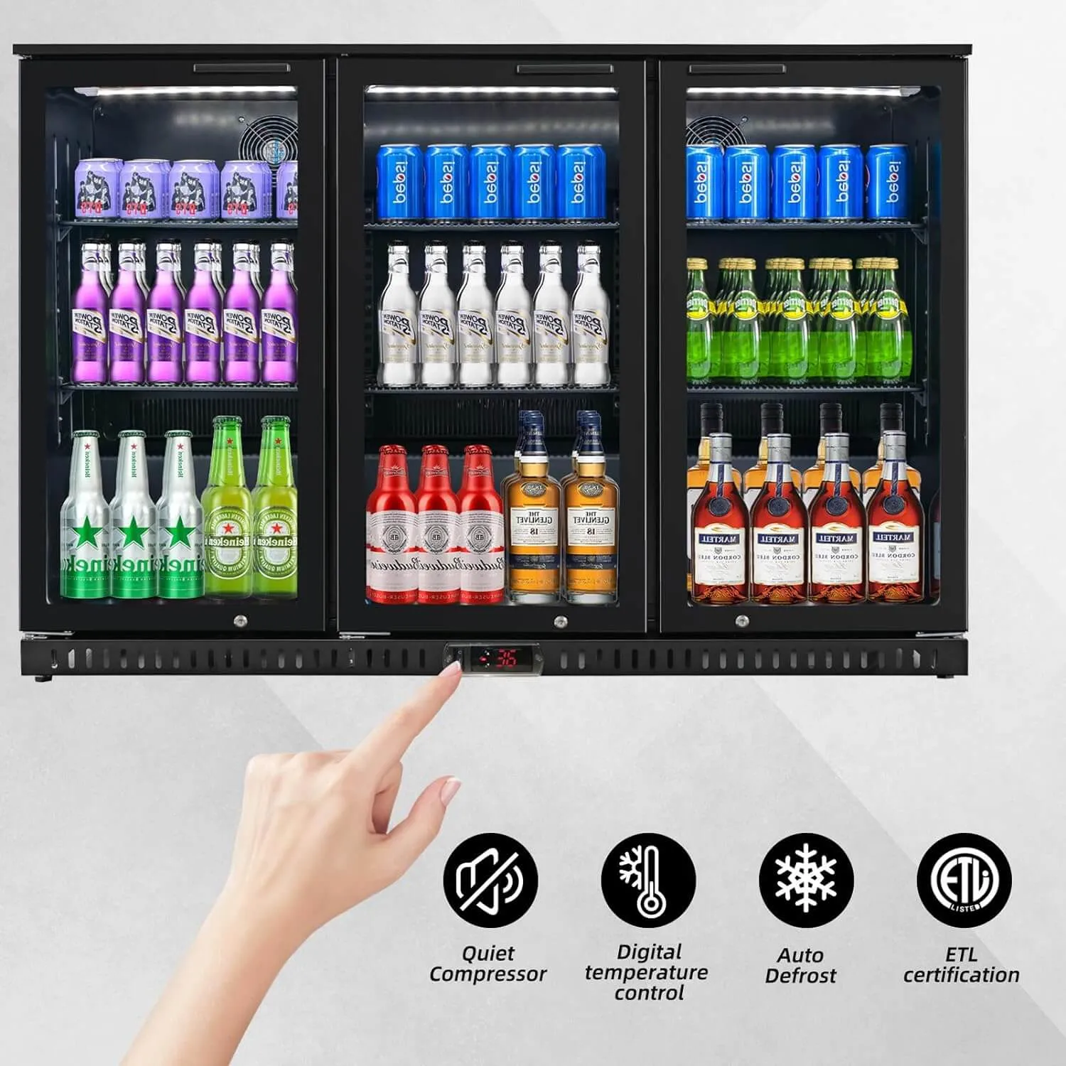 Back Bar Cooler with 3 Glass Doors, Under Counter Beverage Refrigerator, 11.5 cu.ft Mini Fridge Cooler with LED Lighting for Soda Drinks, Beer, Wine