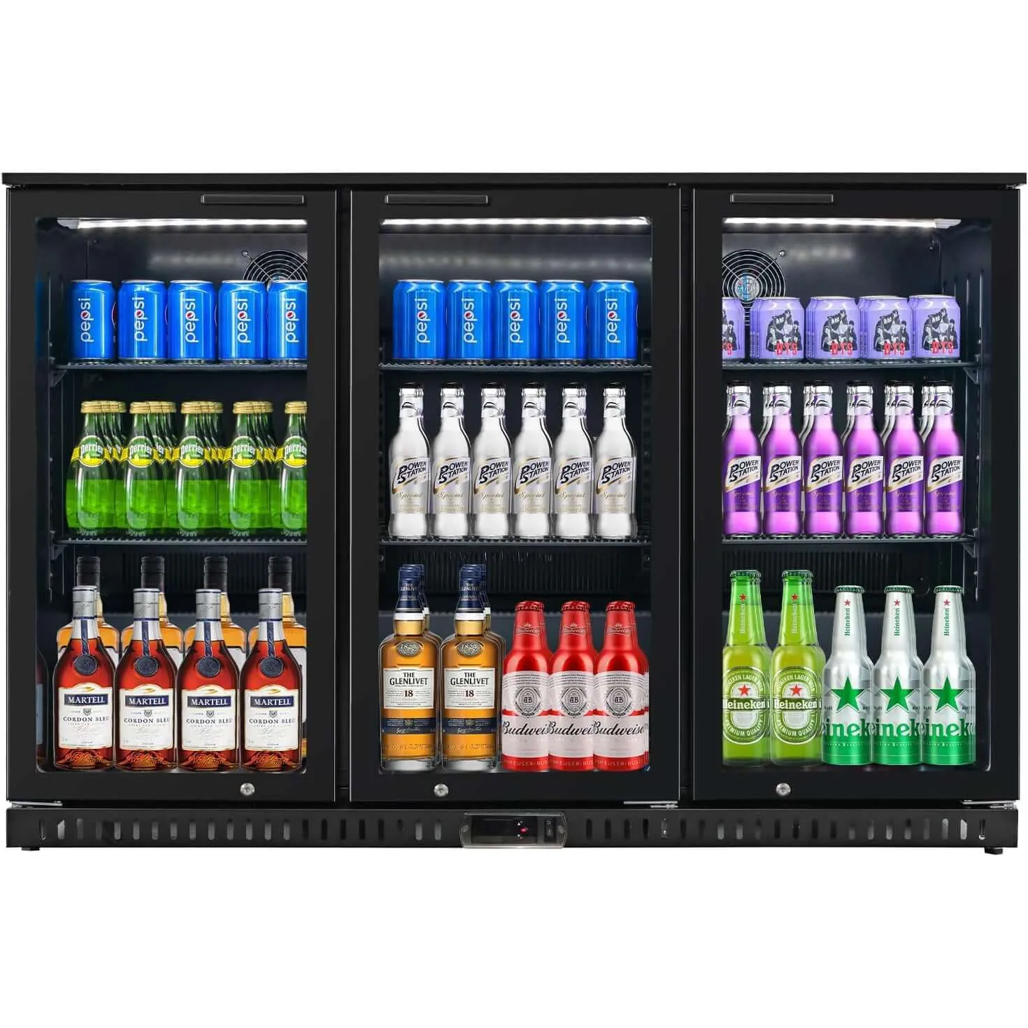 Back Bar Cooler with 3 Glass Doors, Under Counter Beverage Refrigerator, 11.5 cu.ft Mini Fridge Cooler with LED Lighting for Soda Drinks, Beer, Wine