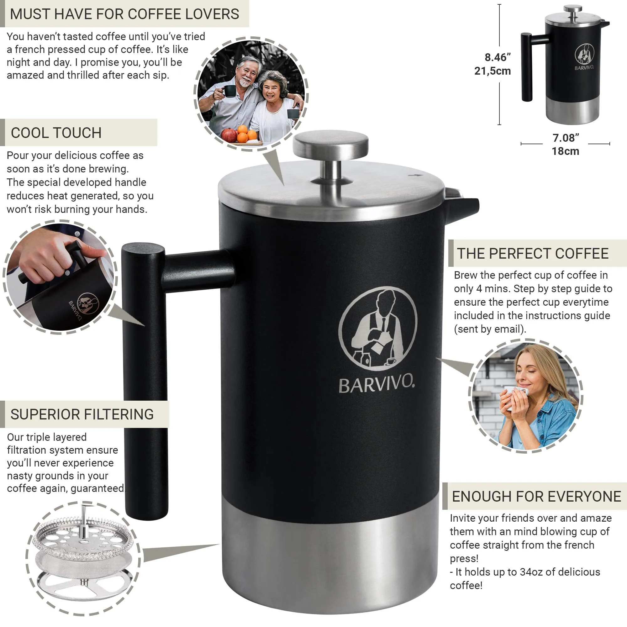 Barista French Press Coffee Maker  Best For Brewing Your Favorite Cup Of Coffee