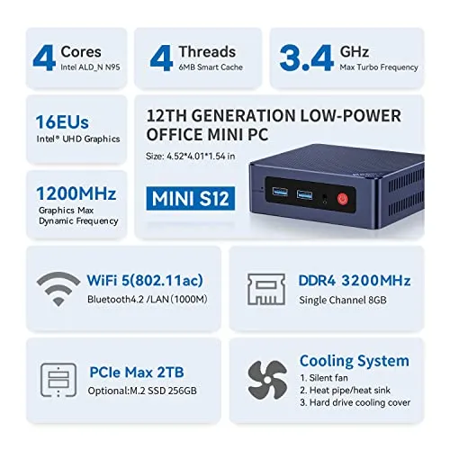 Beelink Mini S12 Mini PC, 12th Intel Alder Lake- N95 (4C/4T, up to 3.4GHz), 8GB DDR4 256GB M.2 SSD, Mini Desktop Computer Support 4K@60Hz Dual Display/BT 4.2/WiFi 5/USB 3.2/Gigabit Ethernet