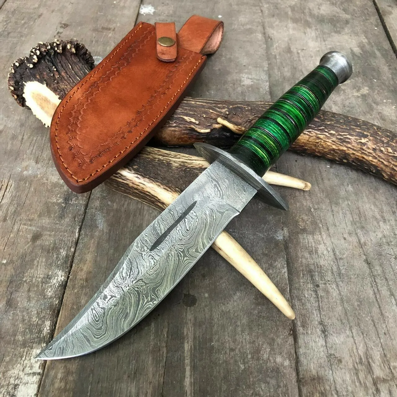 Best Custom Handmade 12" Damascus Steel Bowie Knife with Green Hardwood Handle, Damascus Bolster & Pommel – Includes Leather Sheath