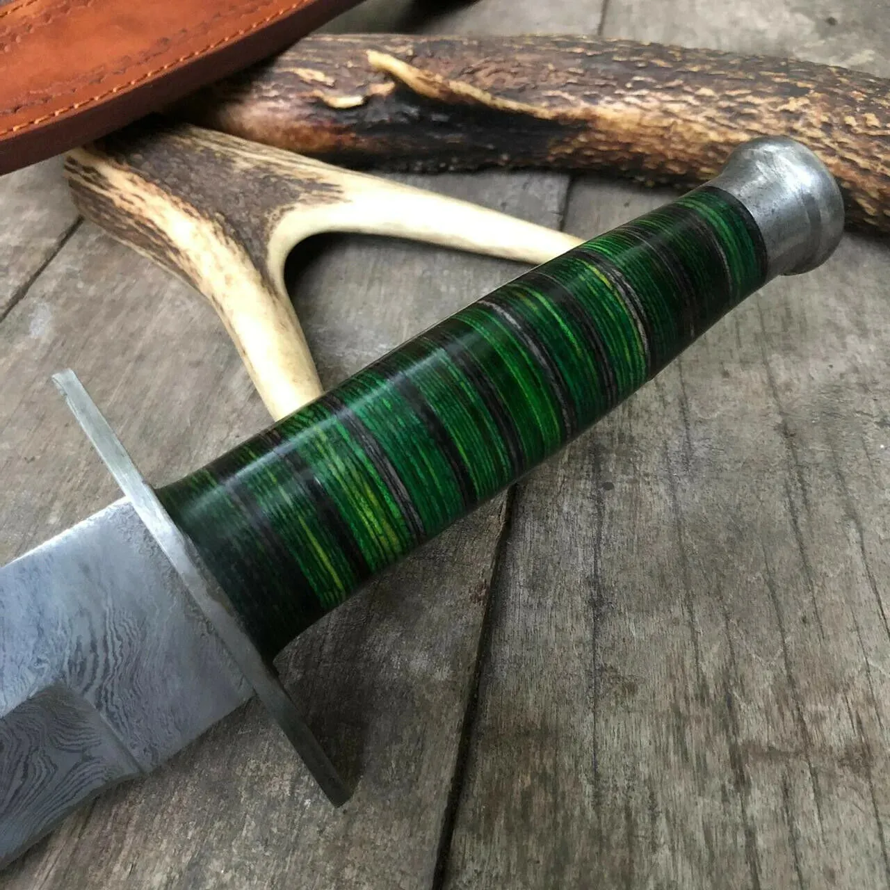 Best Custom Handmade 12" Damascus Steel Bowie Knife with Green Hardwood Handle, Damascus Bolster & Pommel – Includes Leather Sheath