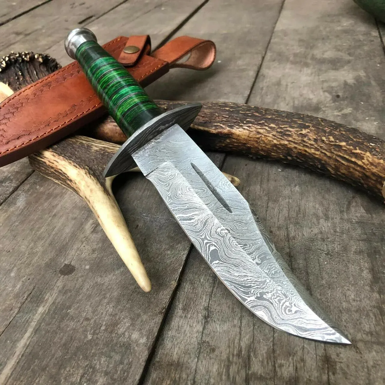 Best Custom Handmade 12" Damascus Steel Bowie Knife with Green Hardwood Handle, Damascus Bolster & Pommel – Includes Leather Sheath