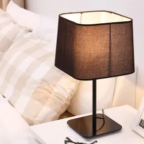 Black Cuboid Plug-In Night Table Lamp with Fabric Shade - Simplistic Design, Ideal for Bedside Use