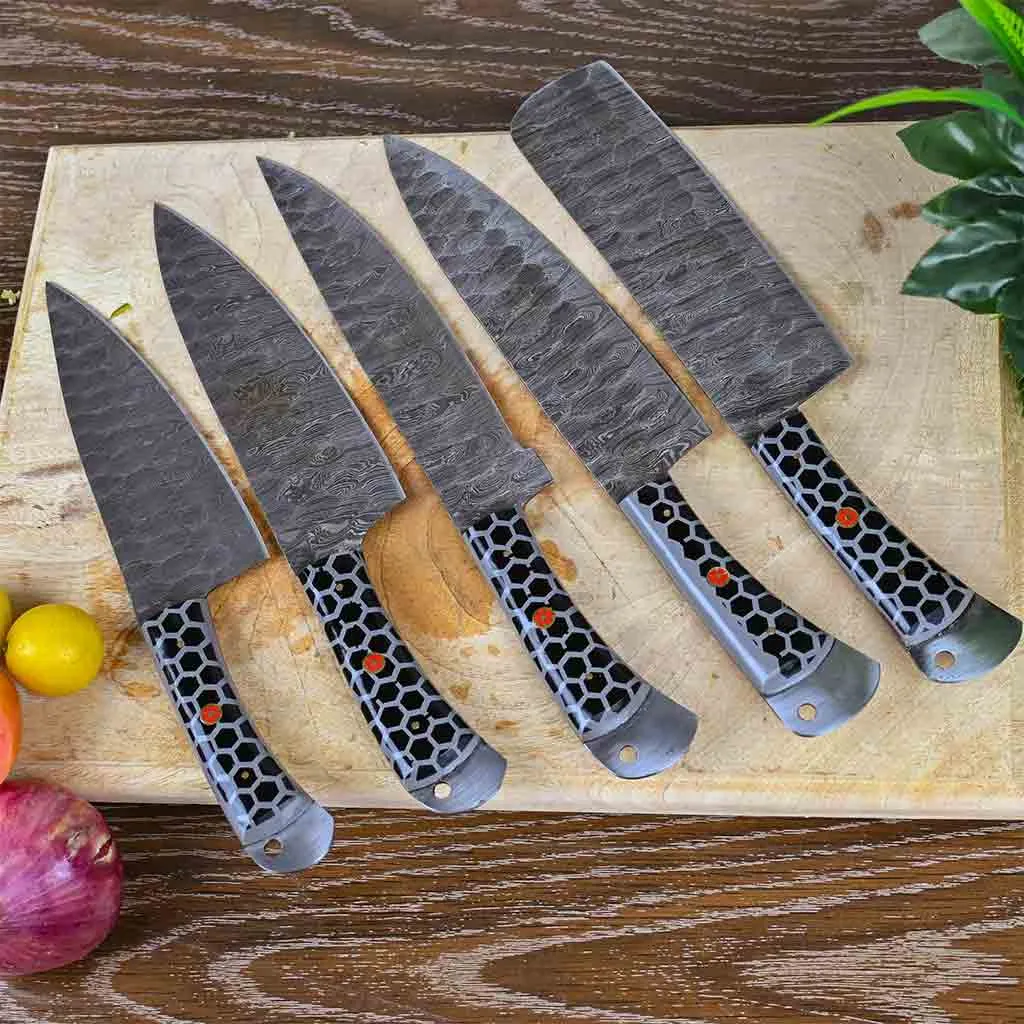 Black Handles Handmade Damascus Kitchen Chef Knives Set of 5 Pieces