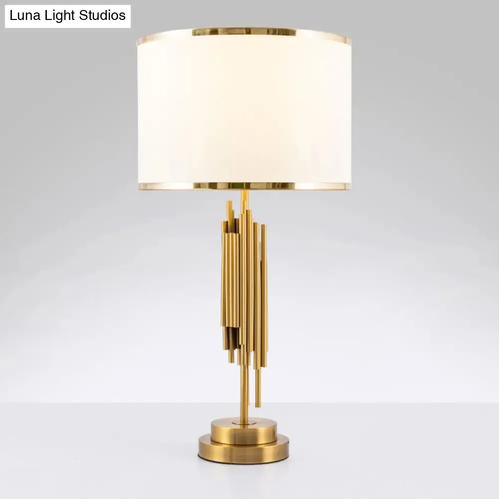 Brass Fabric Drum Nightstand Lamp - Simplistic 1 Bulb Lighting for Living Room Tables