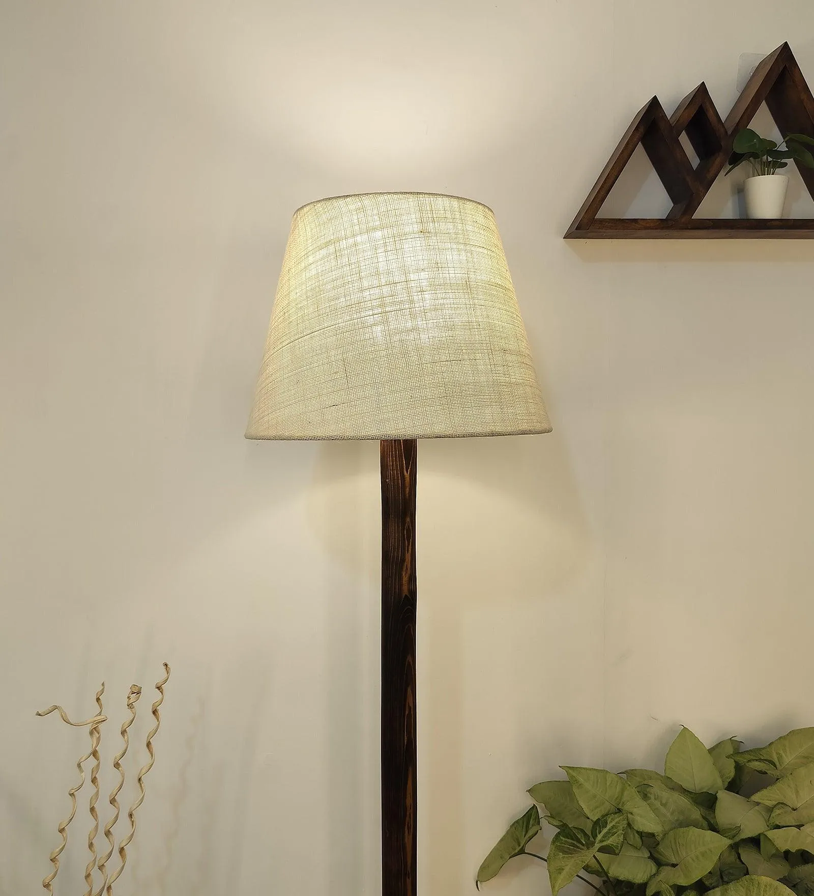 Brice Wooden Floor Lamp with Brown Base and Jute Fabric Lampshade