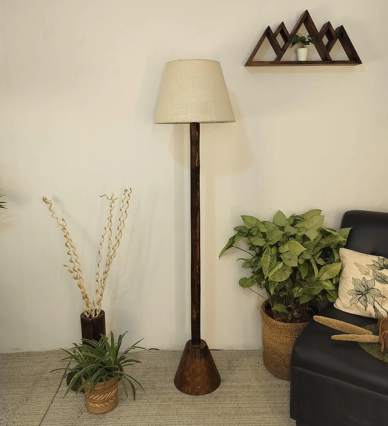 Brice Wooden Floor Lamp with Brown Base and Jute Fabric Lampshade