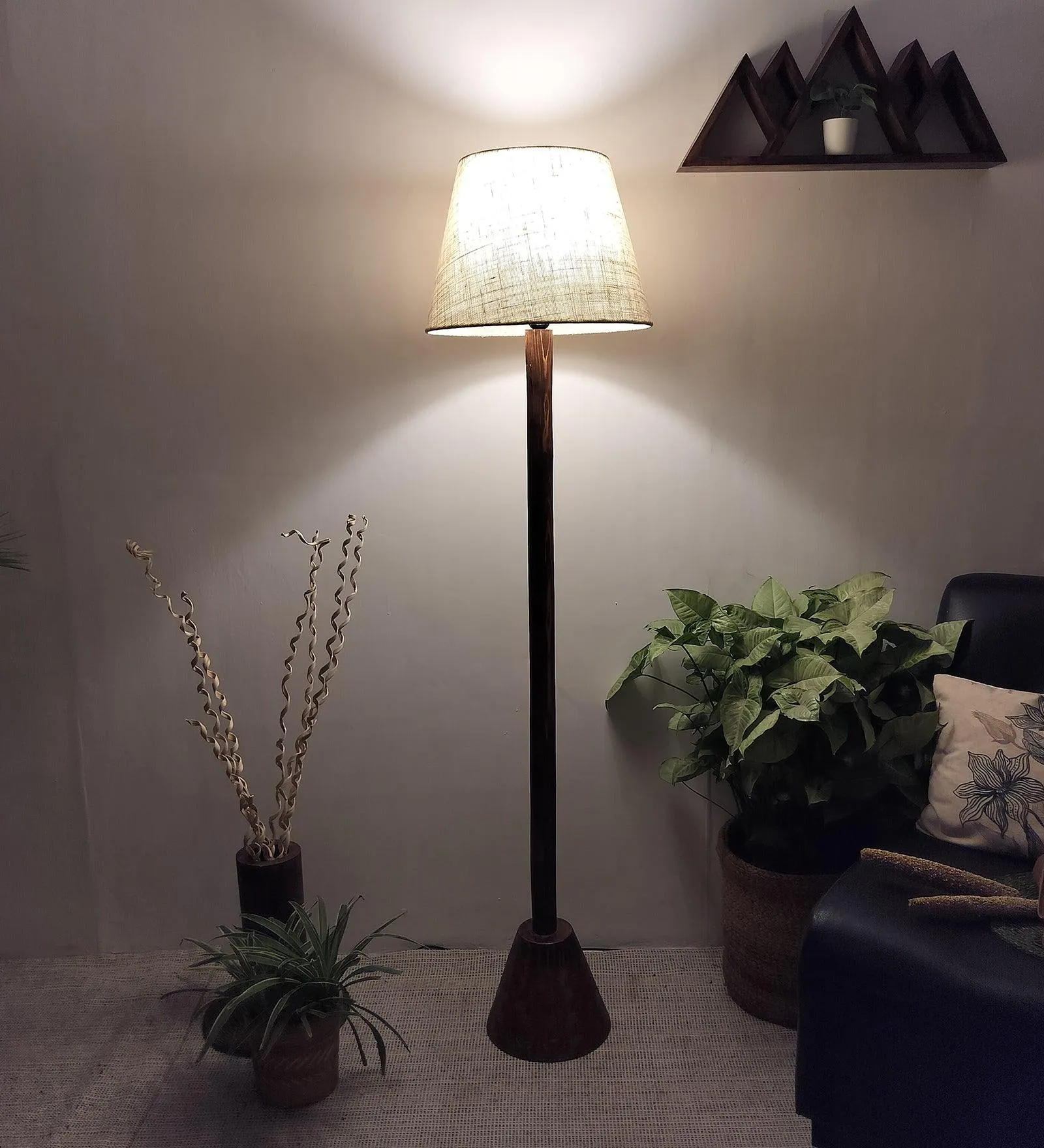 Brice Wooden Floor Lamp with Brown Base and Jute Fabric Lampshade