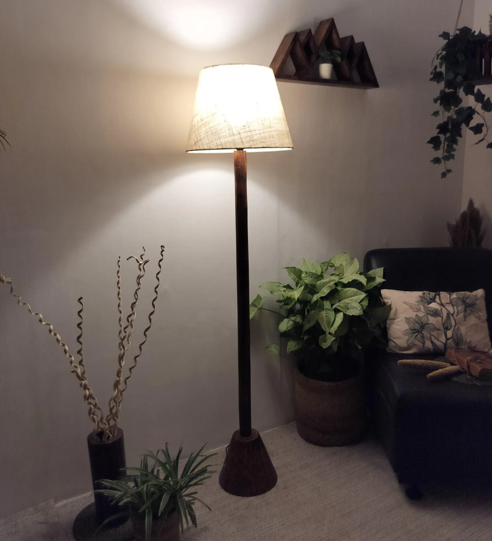 Brice Wooden Floor Lamp with Brown Base and Jute Fabric Lampshade