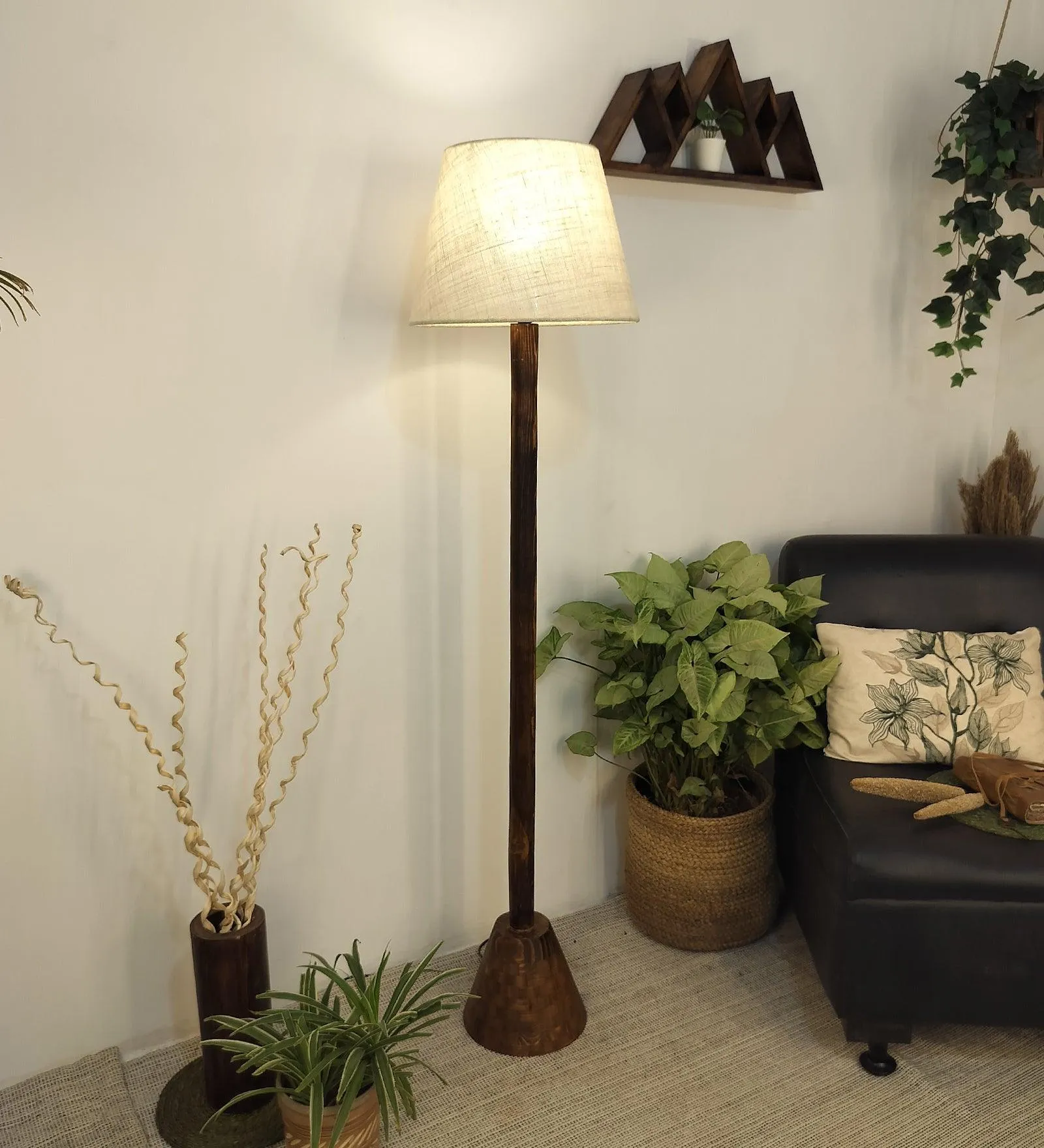 Brice Wooden Floor Lamp with Brown Base and Jute Fabric Lampshade