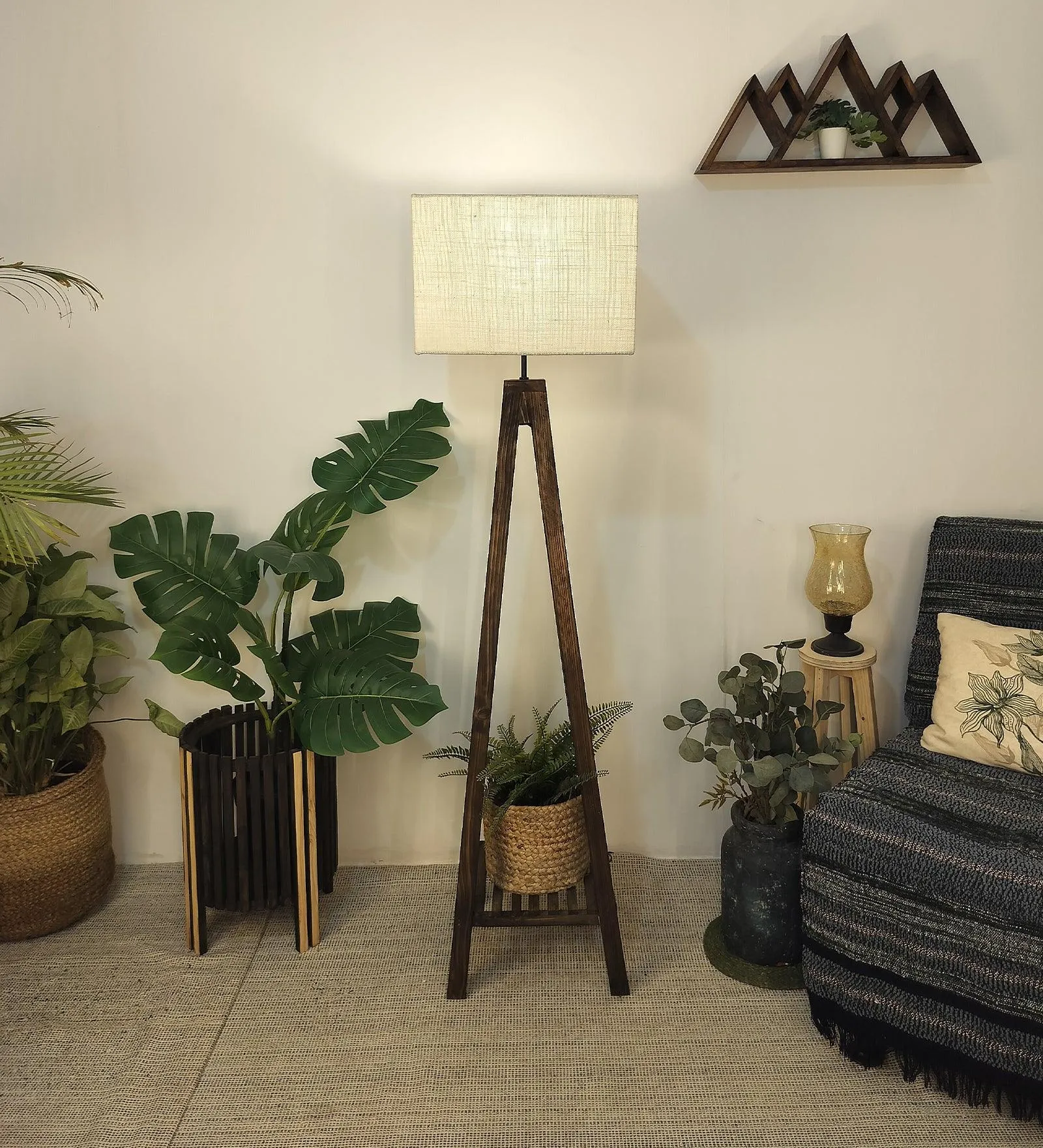 Brielle Wooden Floor Lamp with Brown Base and Beige Fabric Lampshade