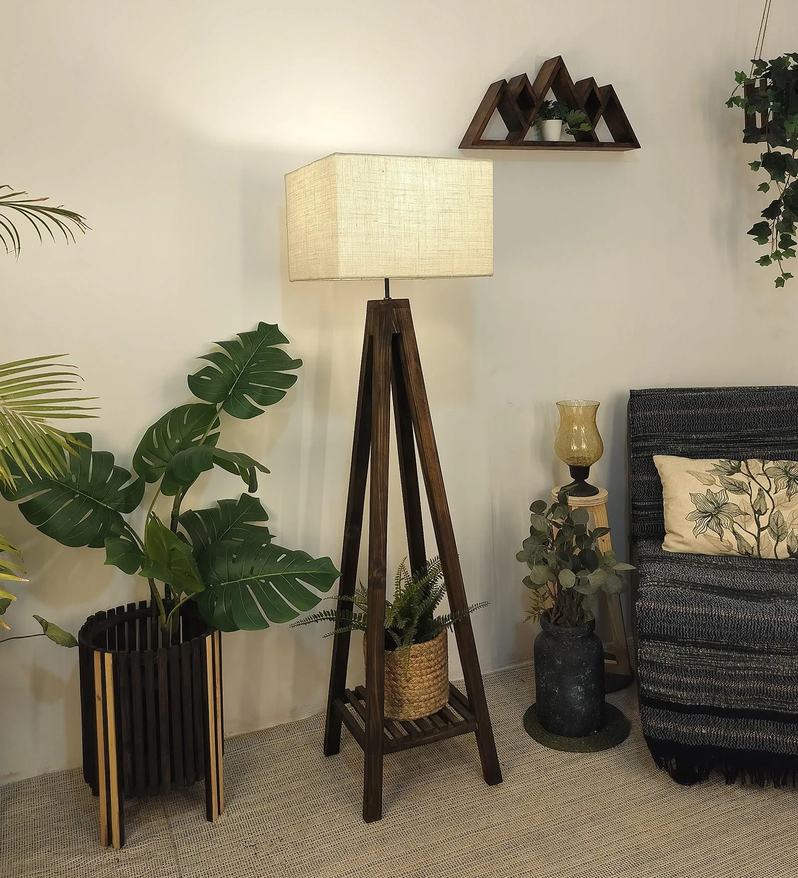 Brielle Wooden Floor Lamp with Brown Base and Beige Fabric Lampshade