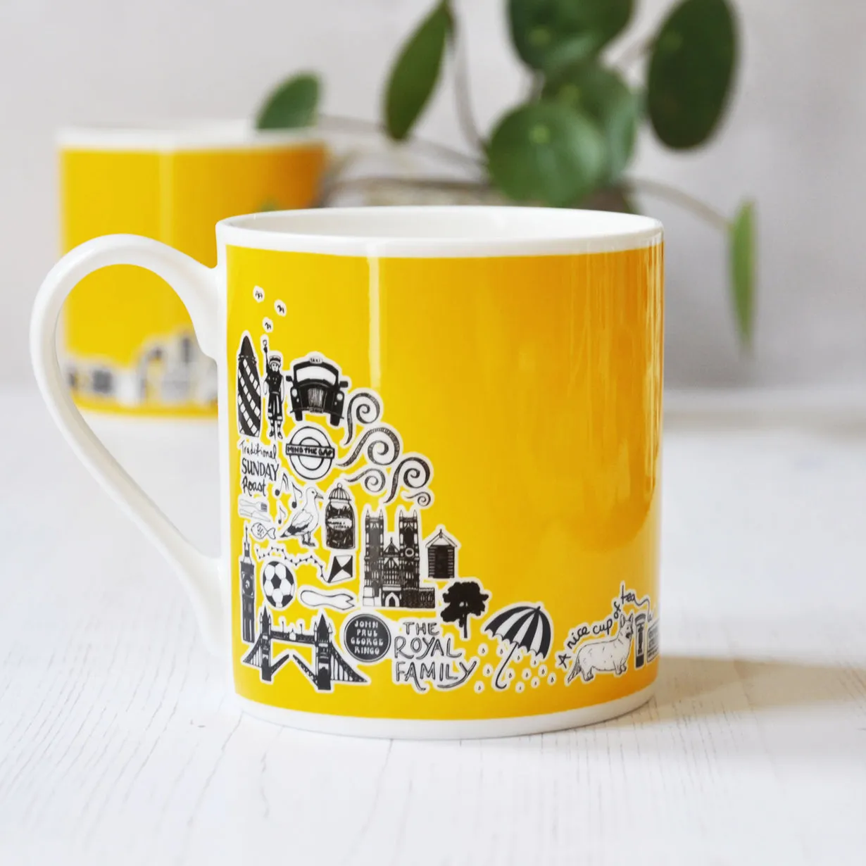 British yellow illustrated mug