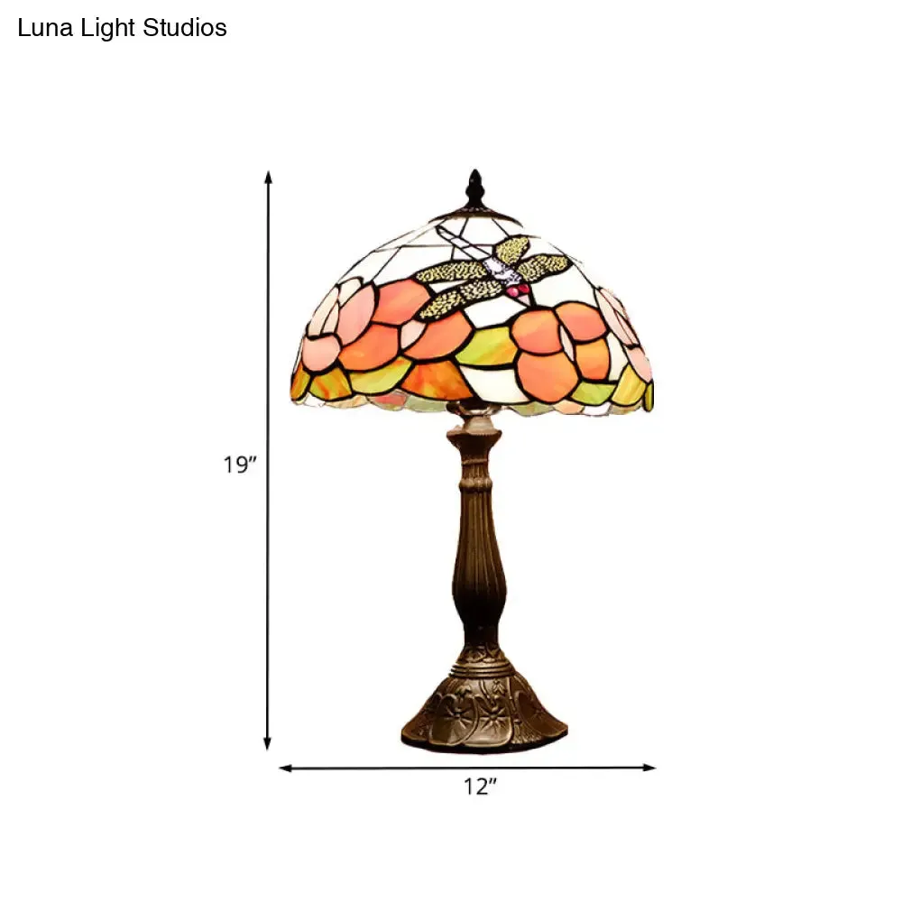 Bronze Tiffany Stained Art Glass Dome Table Night Light - Flower & Dragonfly Patterned - 1-Light