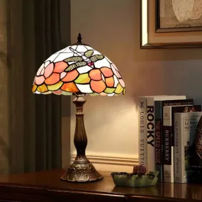 Bronze Tiffany Stained Art Glass Dome Table Night Light - Flower & Dragonfly Patterned - 1-Light