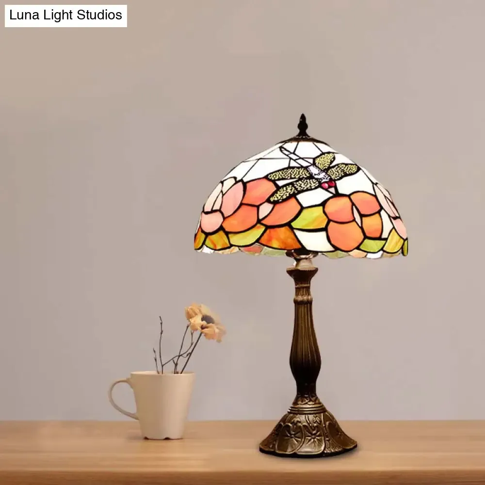 Bronze Tiffany Stained Art Glass Dome Table Night Light - Flower & Dragonfly Patterned - 1-Light