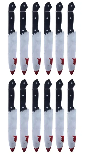 Bundle of 12 Realistic Bloodied Plastic Knife Weapon Props - 31 cm Halloween Horror Killer Party Fancy Dress Costume Accessories