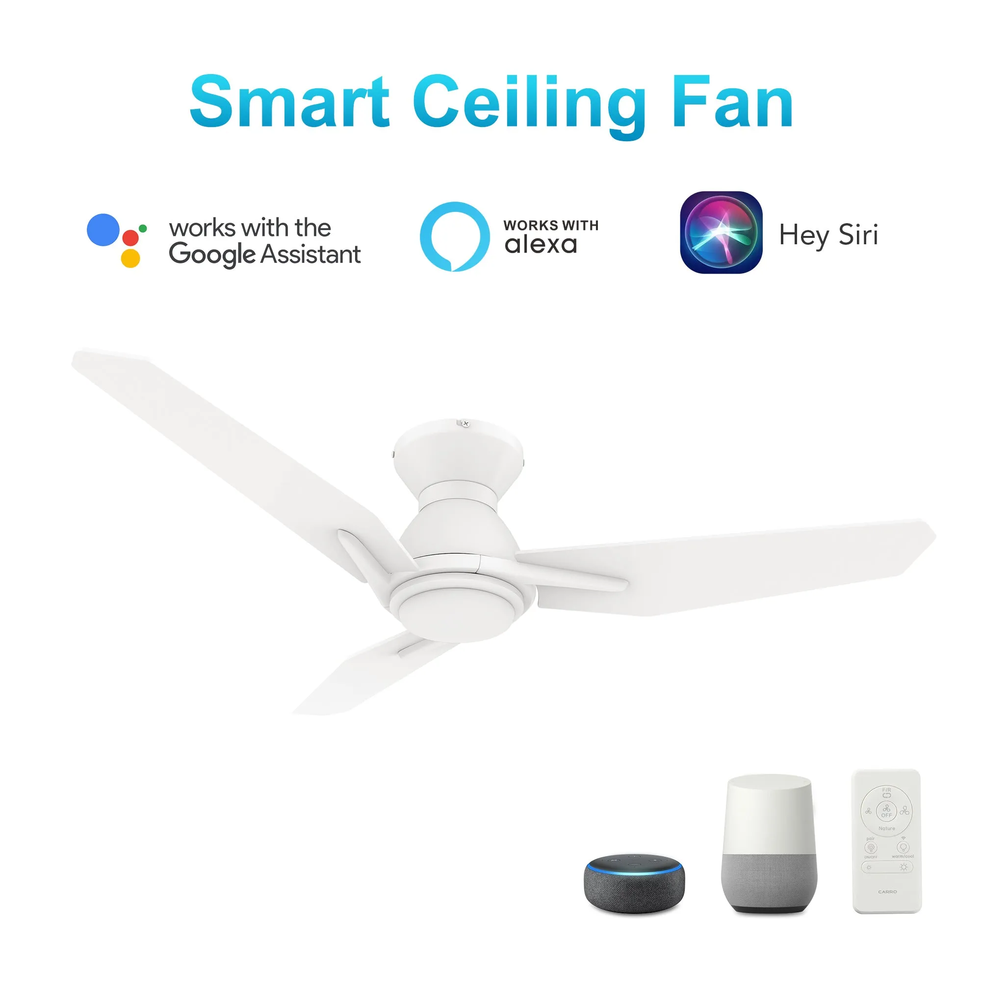 CALEN 48 inch 3-Blade Flush Mount Smart Ceiling Fan with LED Light Kit & Remote Control- White/White