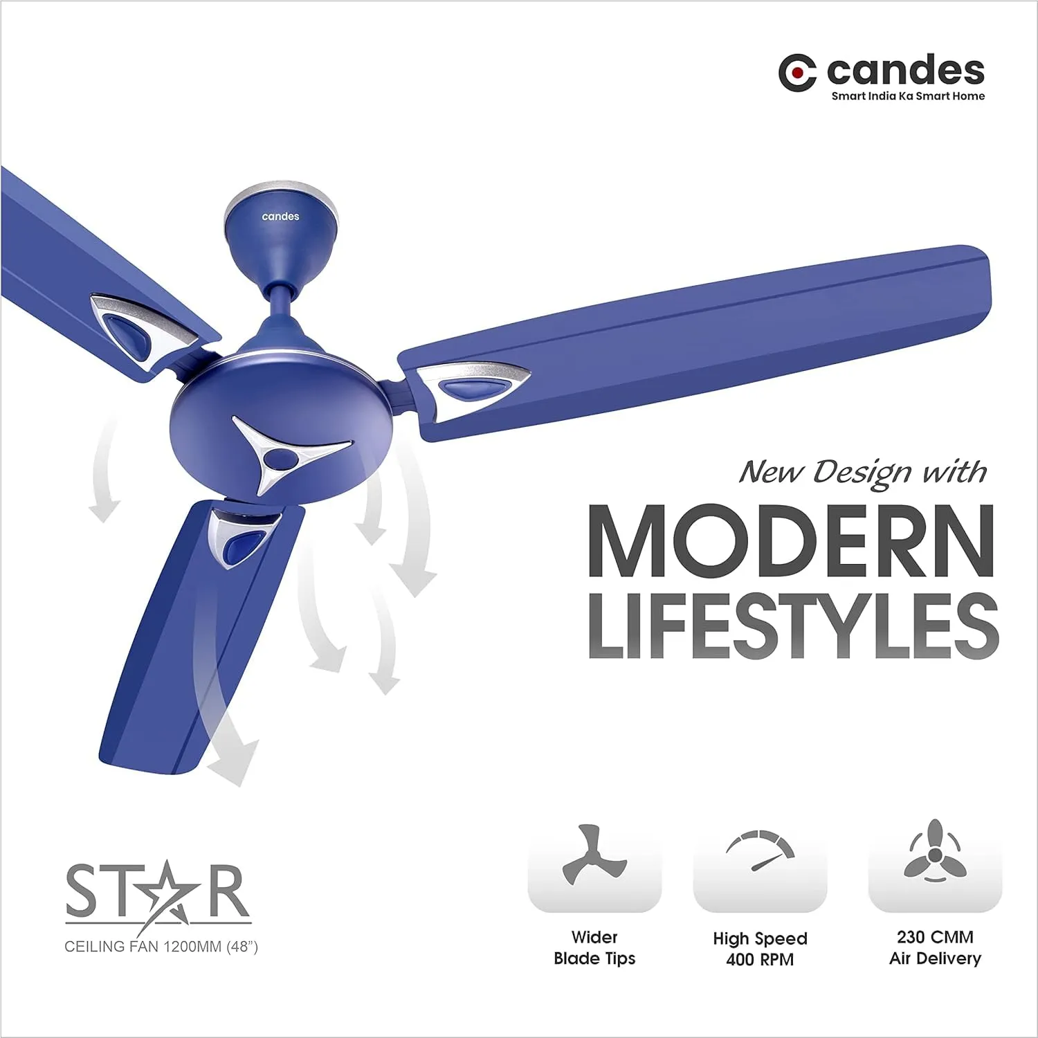 Candes Star Ceiling Fans for Home 1200mm / 48 inch | BEE 3 Star Rated, Noiseless & Energy Efficient, High Air Delivery | 1 1 Years Warranty | Silver Blue, Pack of 2