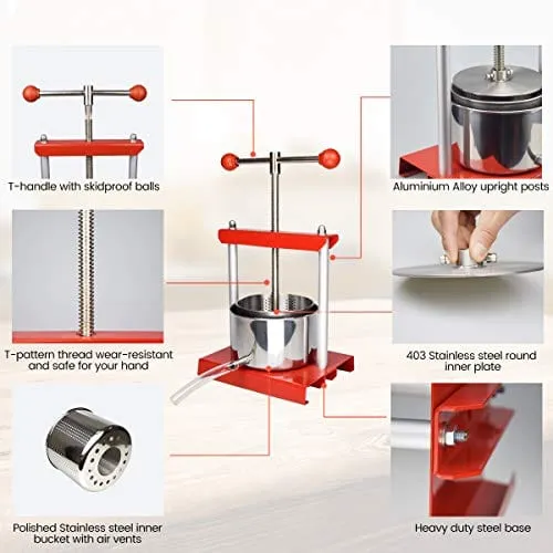 Cheese Tincture Herb Fruit Wine Manual Press - 1.6 Gallon Stainless Steel Barrels Press Machine for Juice, Vegetable,Wine,Olive Oil