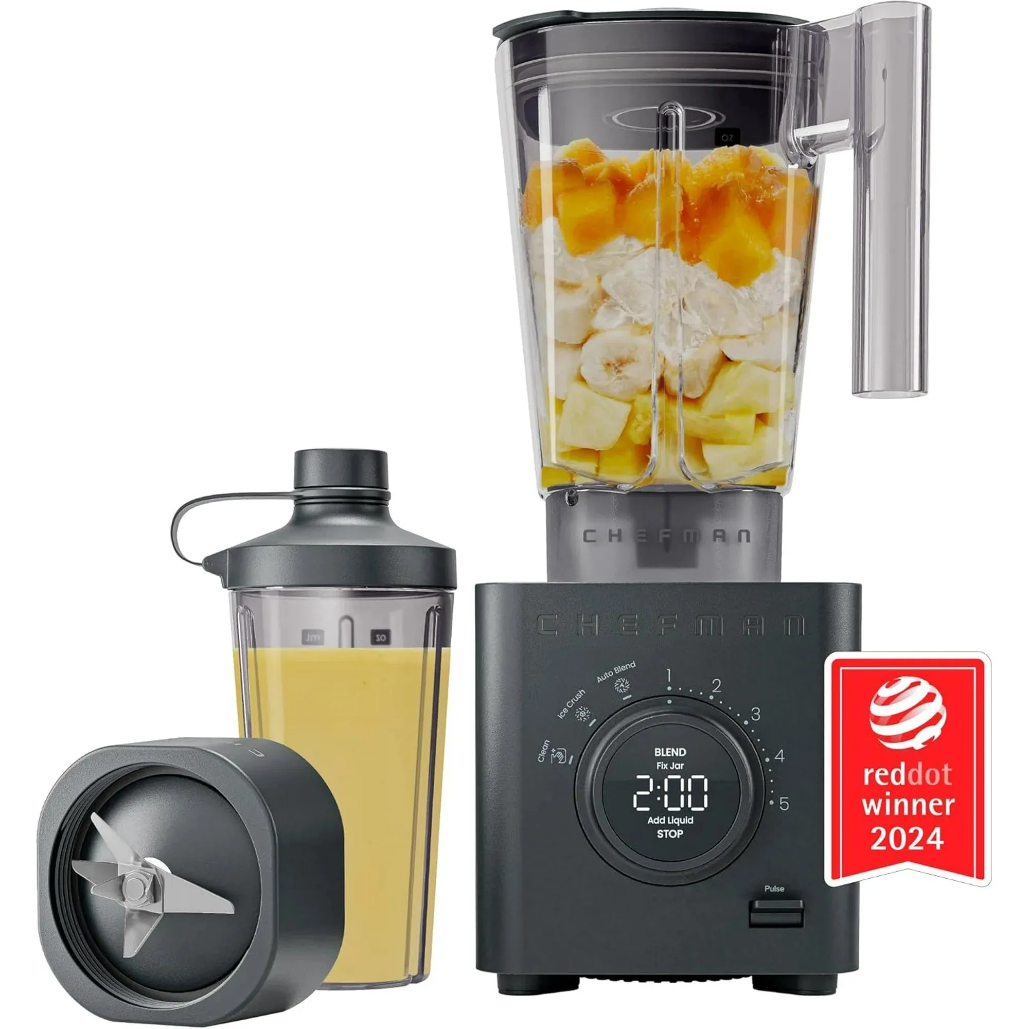 Chefman RJ27-T1-TJ-MIDNIGHT Obliterator 1380W Professional Blender w/ Auto Blend and 20oz Travel Jar, Black