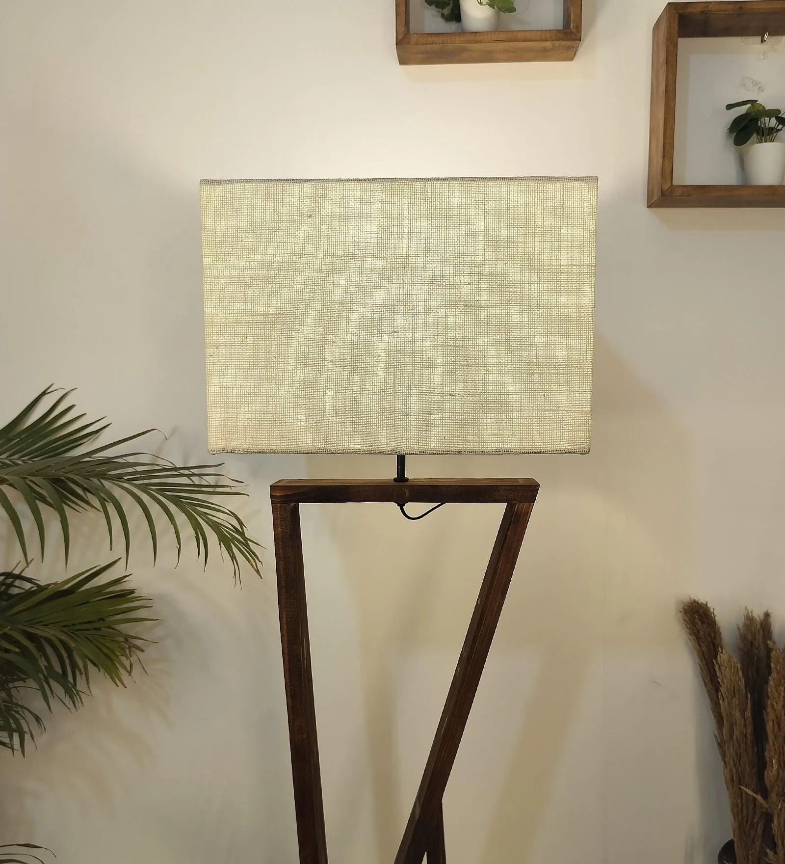 Chloe Wooden Floor Lamp with Brown Base and Jute Fabric Lampshade