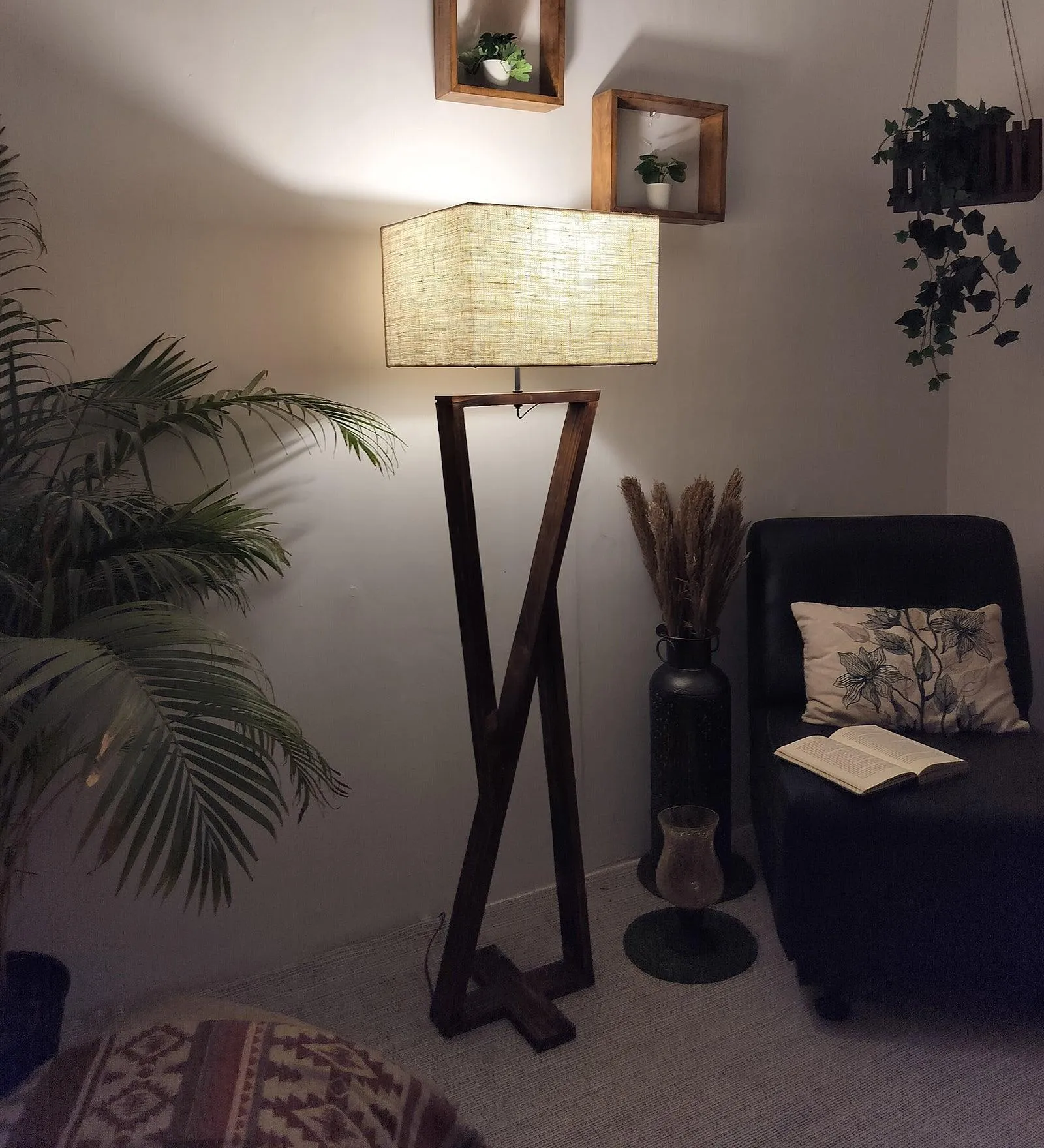 Chloe Wooden Floor Lamp with Brown Base and Jute Fabric Lampshade