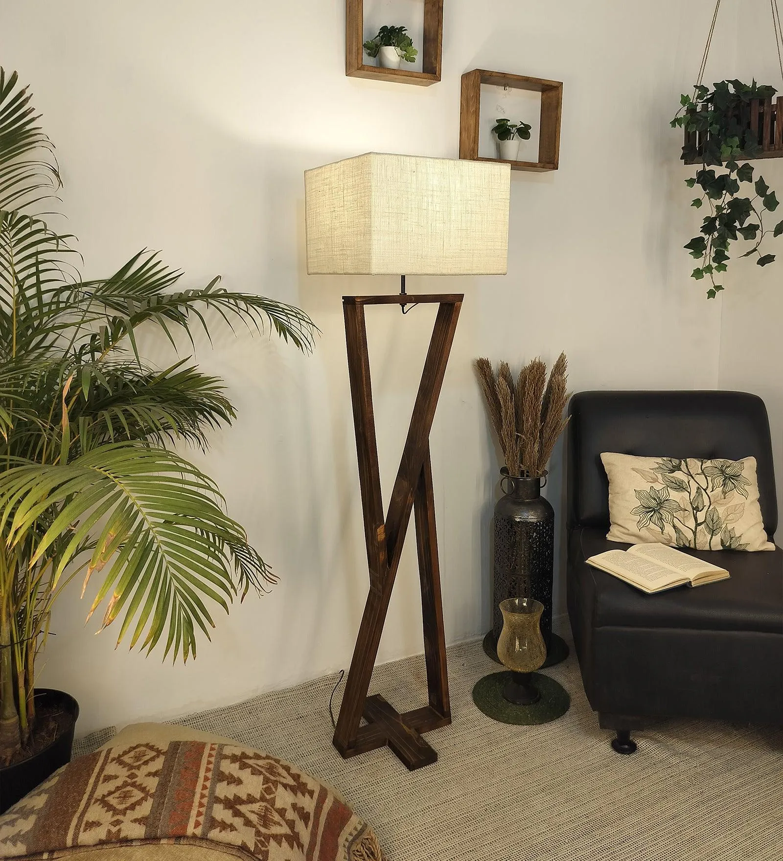 Chloe Wooden Floor Lamp with Brown Base and Jute Fabric Lampshade