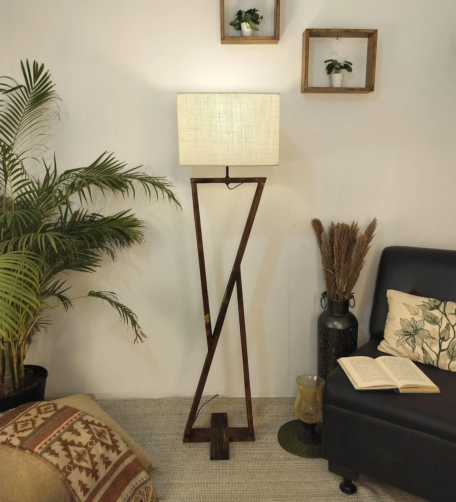 Chloe Wooden Floor Lamp with Brown Base and Jute Fabric Lampshade