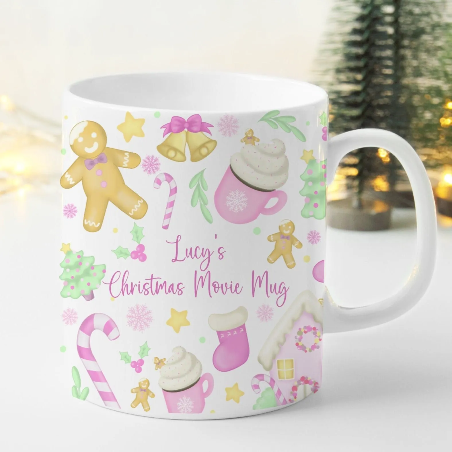 Christmas Mug Personalised Gingerbread Pink Red Hot Chocolate, Christmas Eve Box Stocking Filler