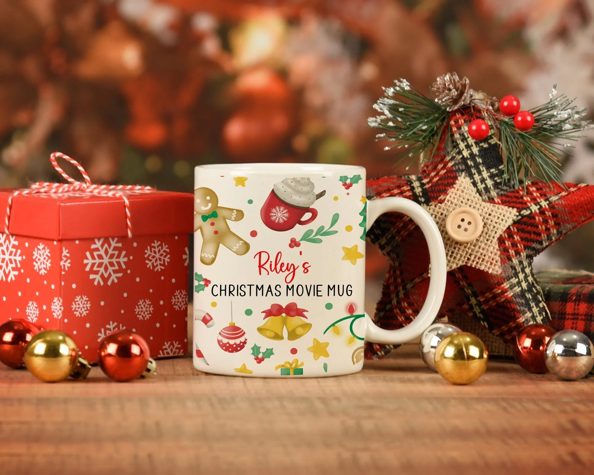 Christmas Mug Personalised Gingerbread Pink Red Hot Chocolate, Christmas Eve Box Stocking Filler