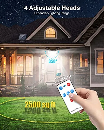 CLAONER Solar Outdoor Lights Motion Sensor 3500LM 288 LED Solar Security Lights with Remote Control IP67 Waterproof 4 Heads Solar Flood Lights with 16.4ft Cable 4 Modes Solar Wall Lights(2 Pack)